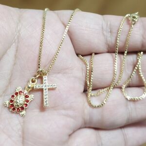 Gold and Red Turtle Cross Pendant Necklace